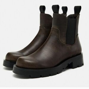 ZARA Brown Leather Chelsea Boots Lug Sole